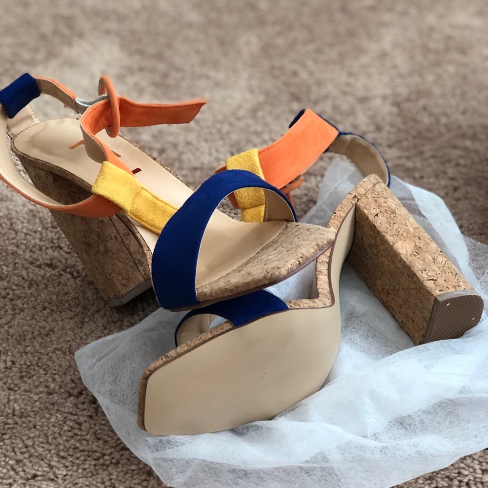 Orange/Yellow/Blue faux suede sandals w/cork heel.